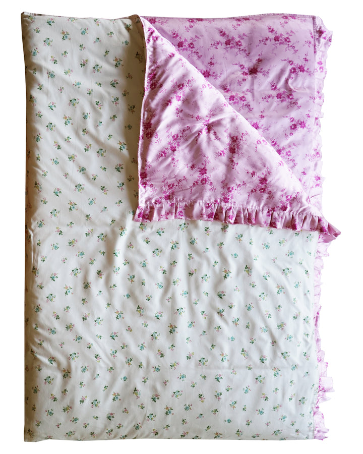 Bridgerton Reversible Ruffle Edge Heirloom Quilt made with Liberty Fabric AMELIE LUISE PINK & POSY CORSAGE YELLOW