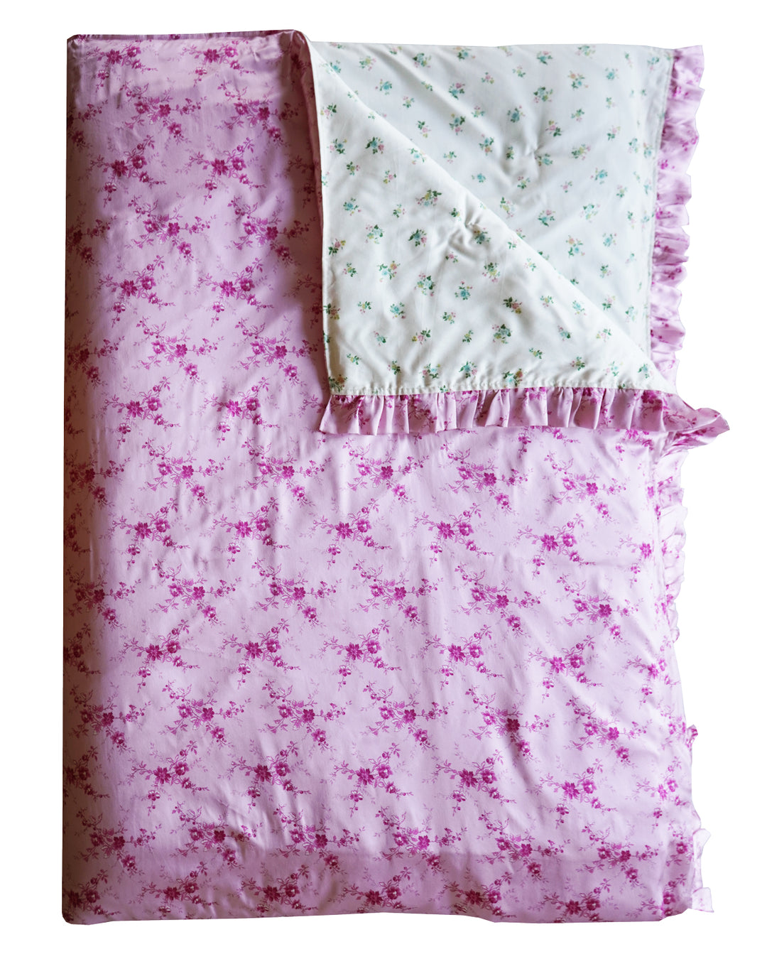 Bridgerton Reversible Ruffle Edge Heirloom Quilt made with Liberty Fabric AMELIE LUISE PINK & POSY CORSAGE YELLOW