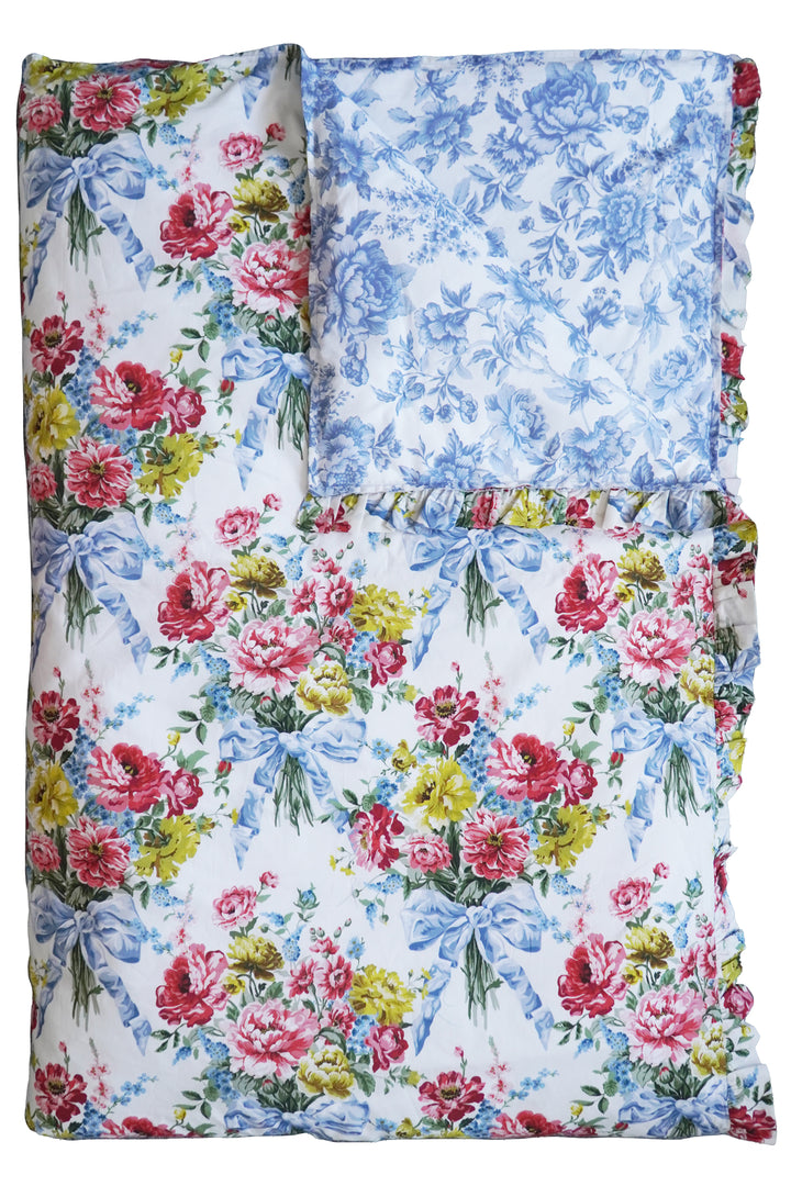 Bridgerton Reversible Ruffle-Edge Heirloom Quilt made with Liberty Fabric BOW BOUQUET BLUE & REGENCY TRAIL CHINA BLUE