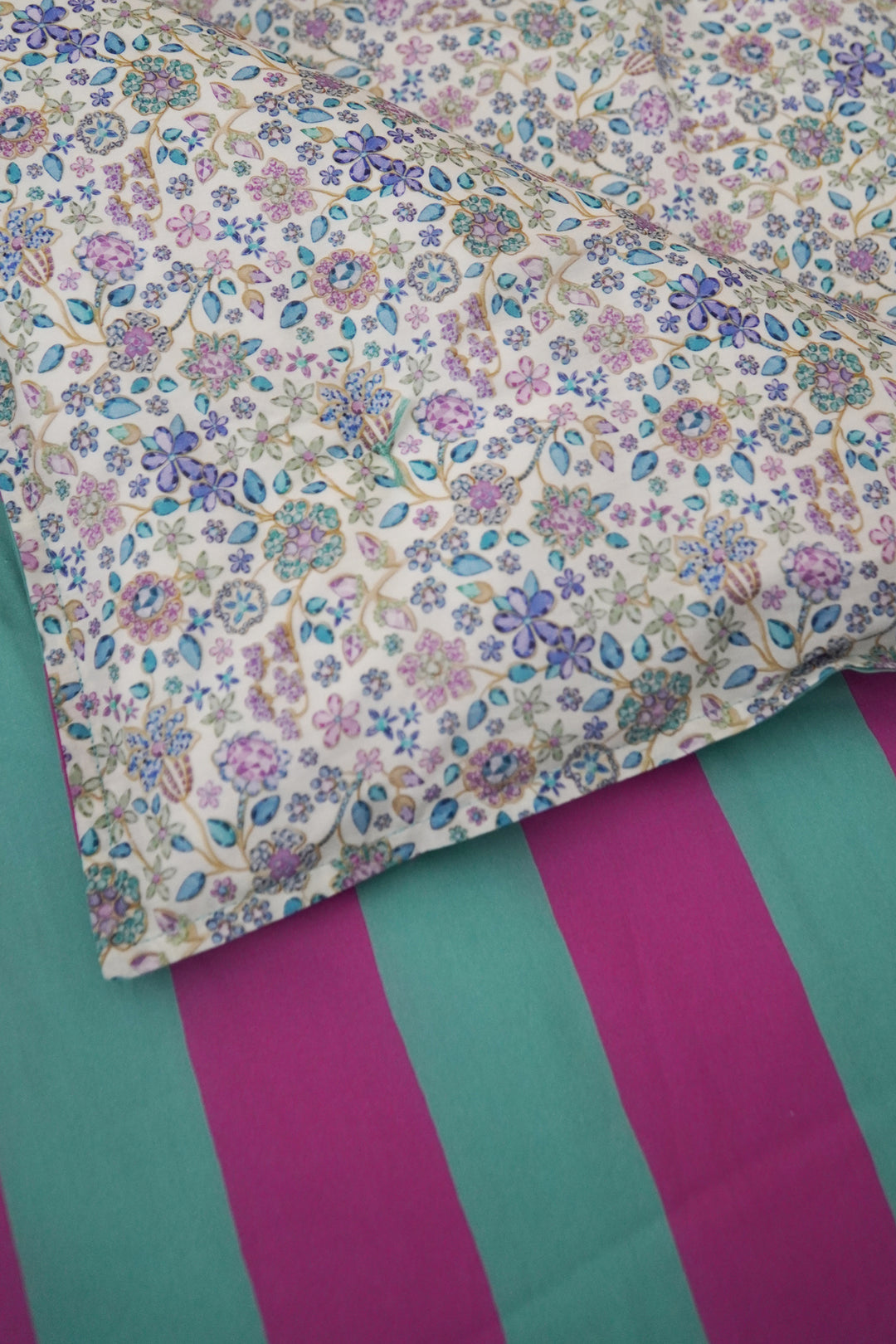 Reversible Heirloom Quilt made with Liberty Fabric VACATION STRIPE TURQUOISE & PURPLE AND FIONA DEVAUX