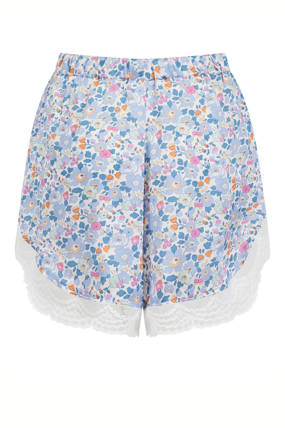 Women's Silk Bed Shorts made with Liberty Fabric BETSY LAVENDER BLUE