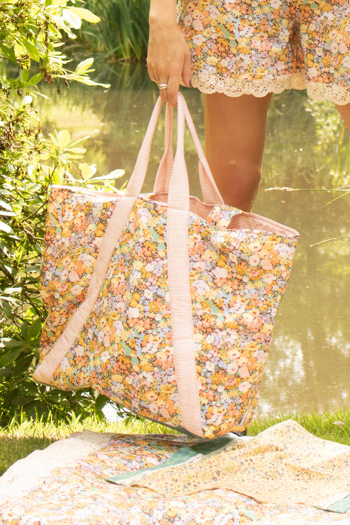 Coco & Wolf × O Pioneers Large Tote Bag made with Liberty Fabric THORPE YELLOW, VACATION STRIPE MAGENTA & CHOCOLATE