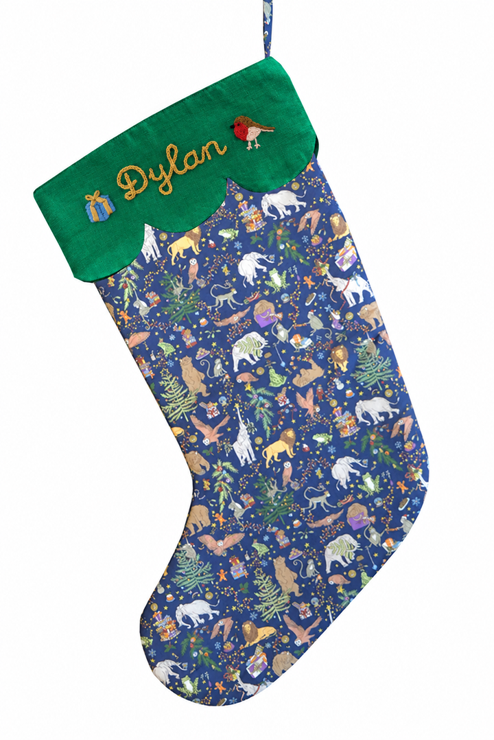 Coco & Wolf x Polly Wren Studios Embroidered Christmas Stocking made with Liberty Fabric CHRISTMAS