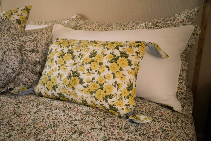 Tie Corner Oblong Cushion made with Liberty Fabric POPPY DAY SKY & CARLINE ROSE
