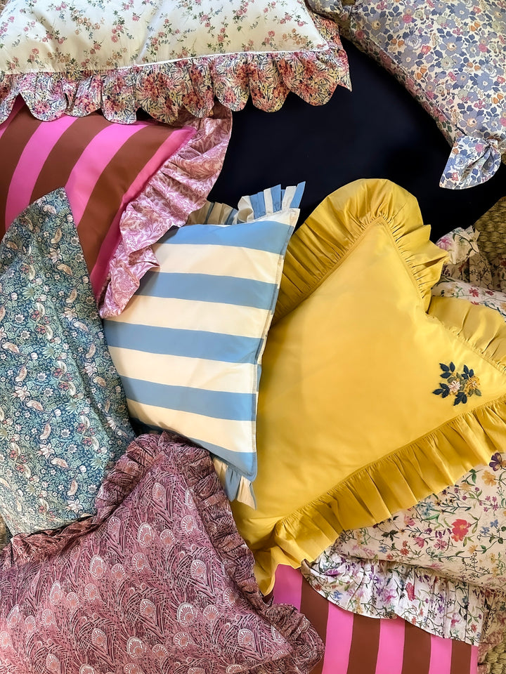 Oblong Scallop Ruffle Cushion made with Liberty Fabric ELIZABETH & SWIRLING PETALS
