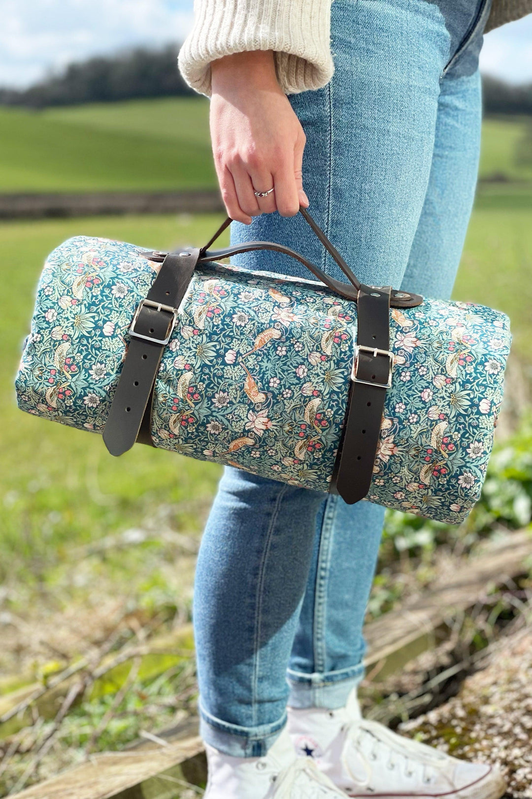 Picnic Blanket made with Liberty Fabric STRAWBERRY THIEF & CAPEL MUSTARD - Coco & Wolf