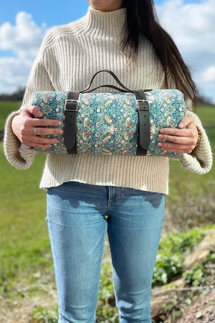 Picnic Blanket made with Liberty Fabric STRAWBERRY THIEF & CAPEL MUSTARD - Coco & Wolf