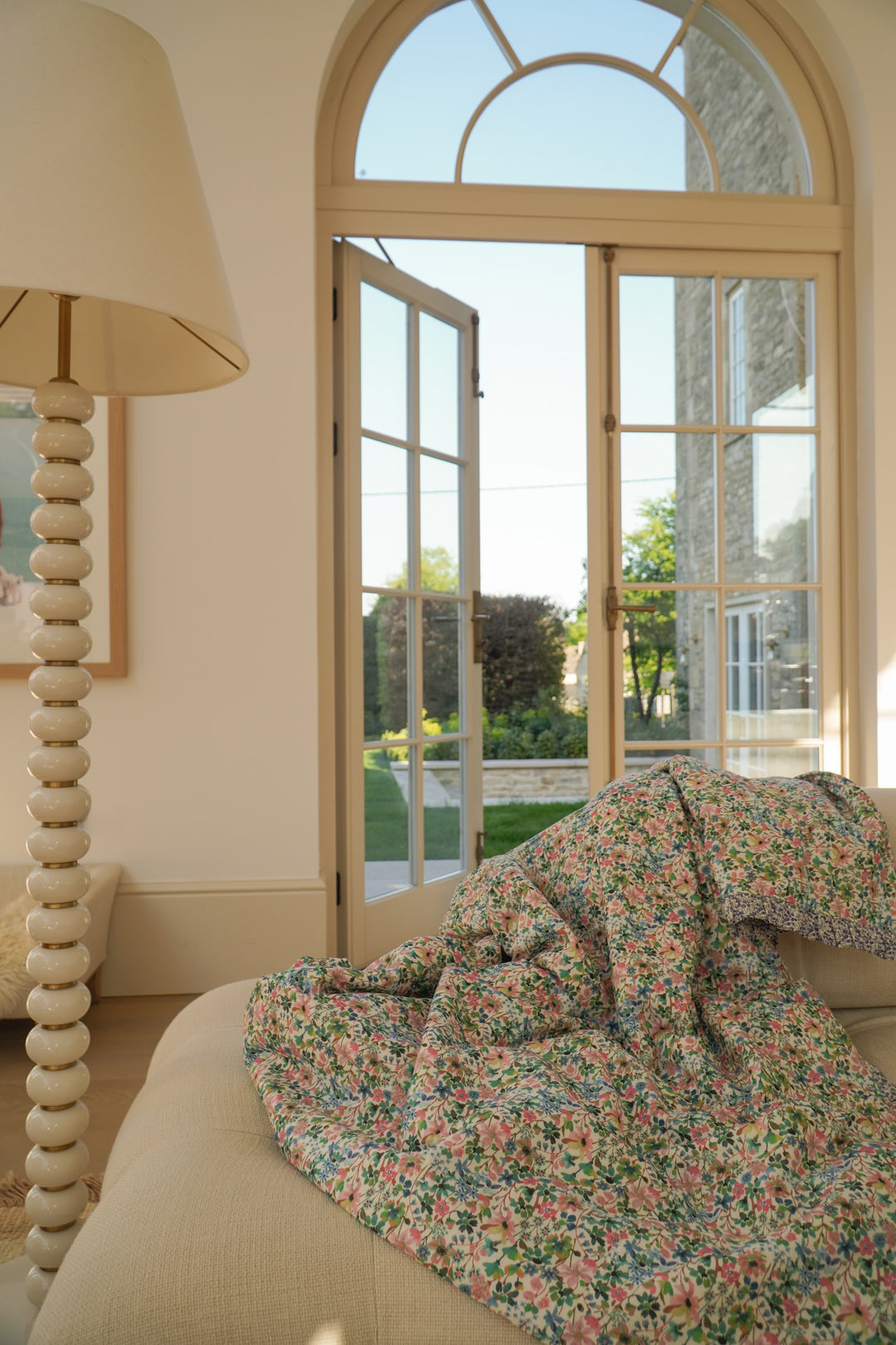 Reversible Ruffle Edge Bedspread made with Liberty Fabric DREAMS OF SUMMER & WILTSHIRE BUD