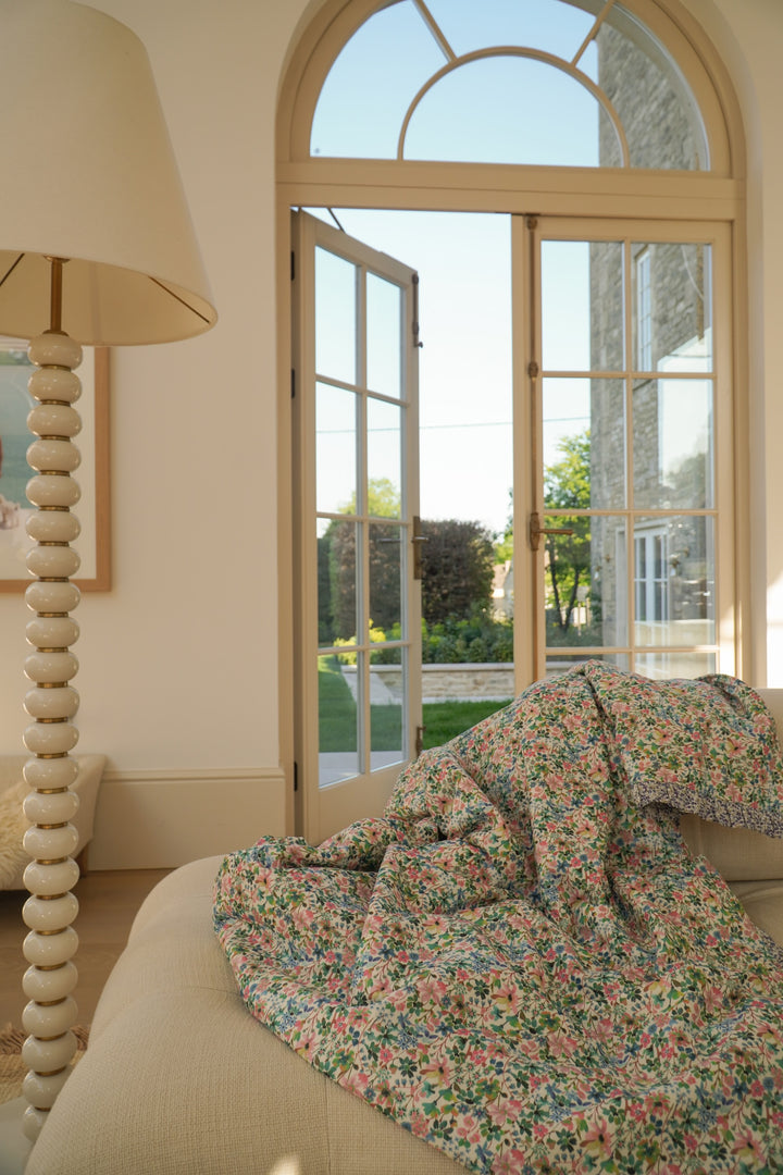 Reversible Ruffle Edge Bedspread made with Liberty Fabric DREAMS OF SUMMER & WILTSHIRE BUD