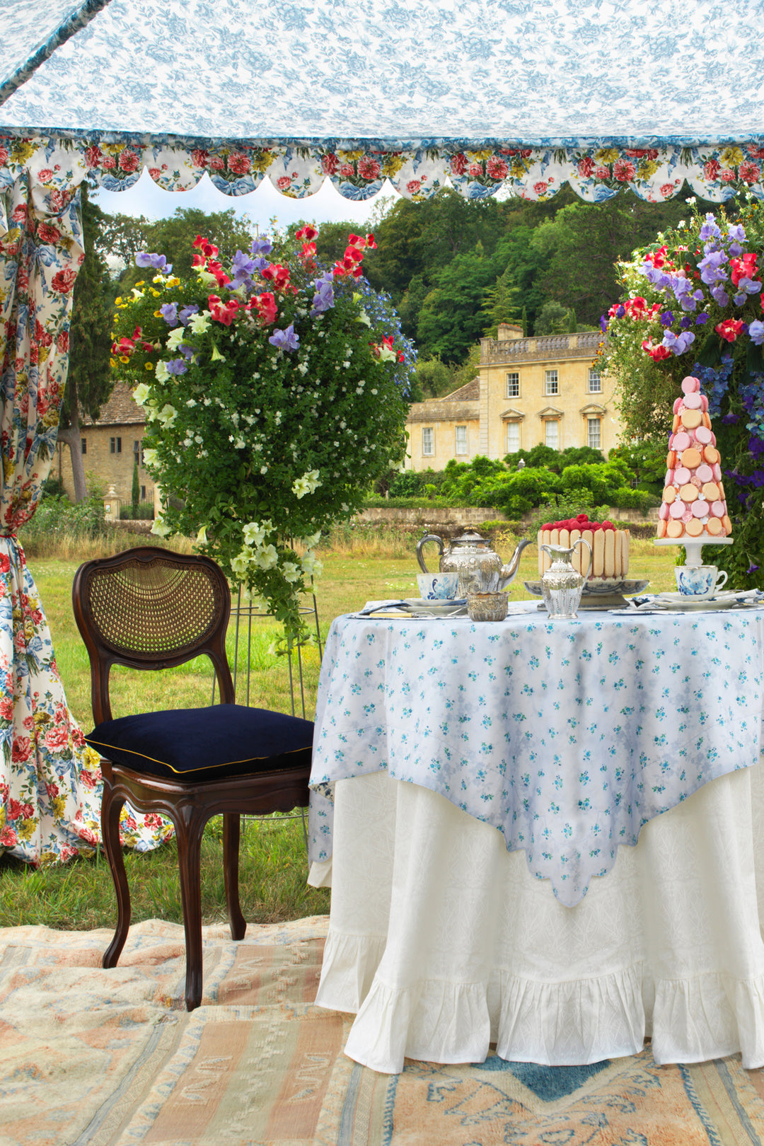 Bridgerton Reversible Scallop Corner Tablecloth made with Liberty Fabric AMELIE LUISE & POSY CORSAGE BLUE