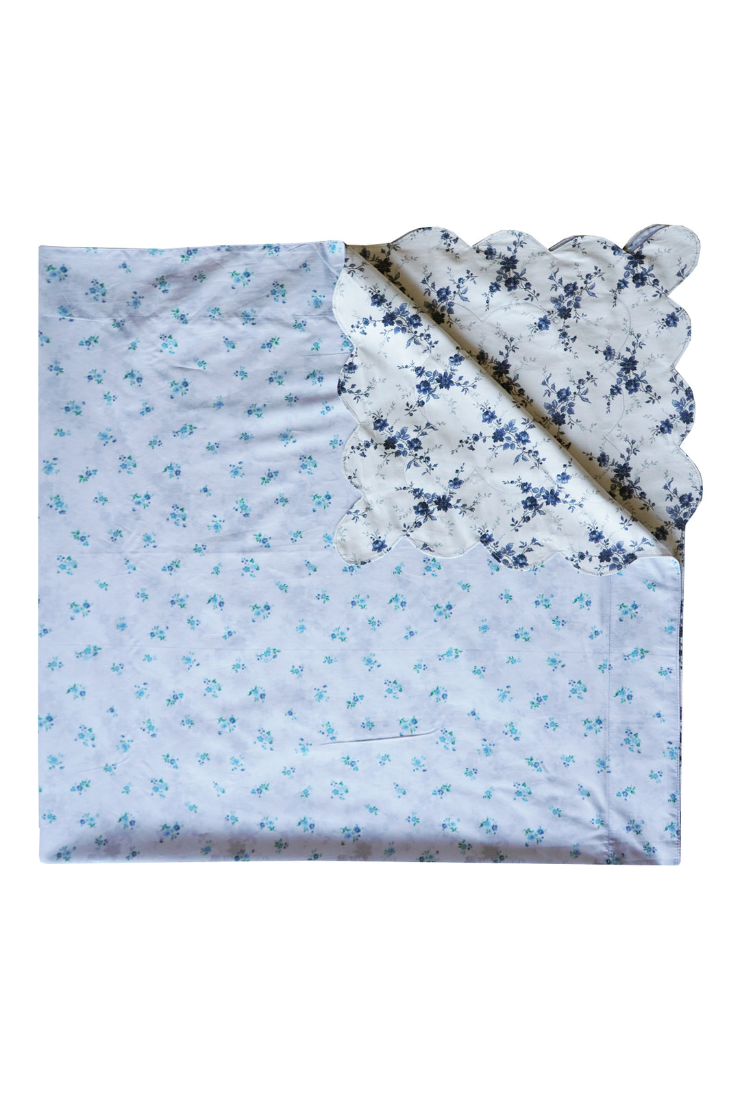 Bridgerton Reversible Scallop Corner Tablecloth made with Liberty Fabric AMELIE LUISE & POSY CORSAGE BLUE