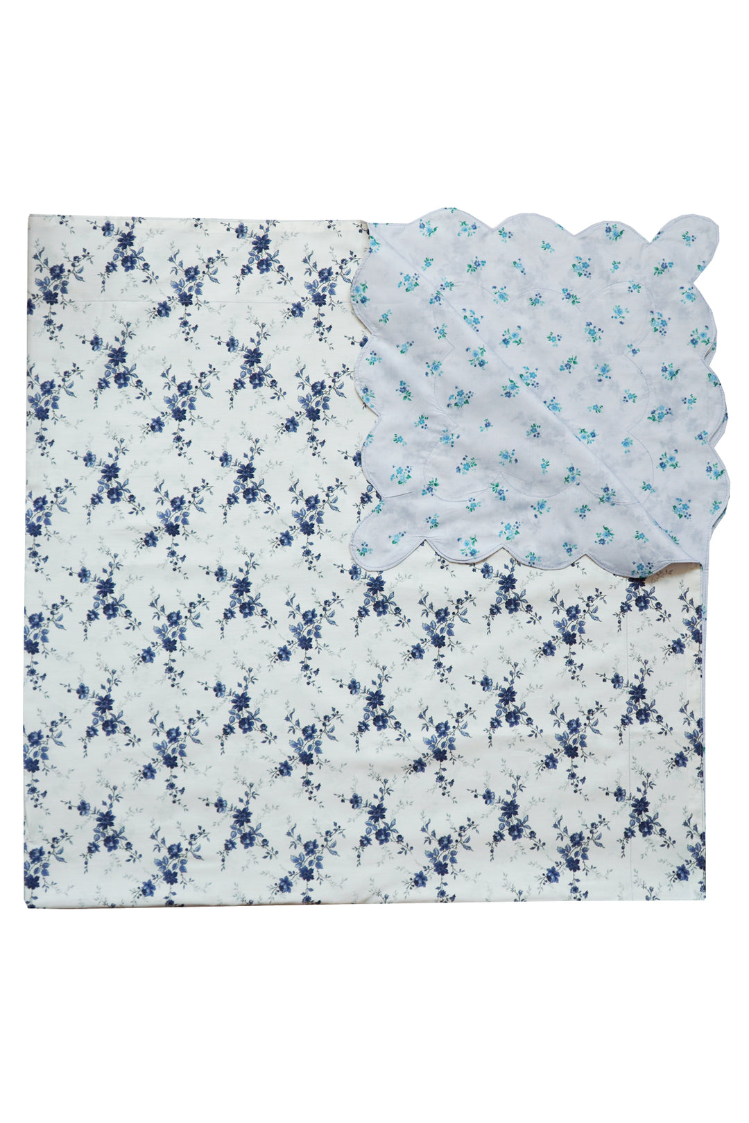Bridgerton Reversible Scallop Corner Tablecloth made with Liberty Fabric AMELIE LUISE & POSY CORSAGE BLUE