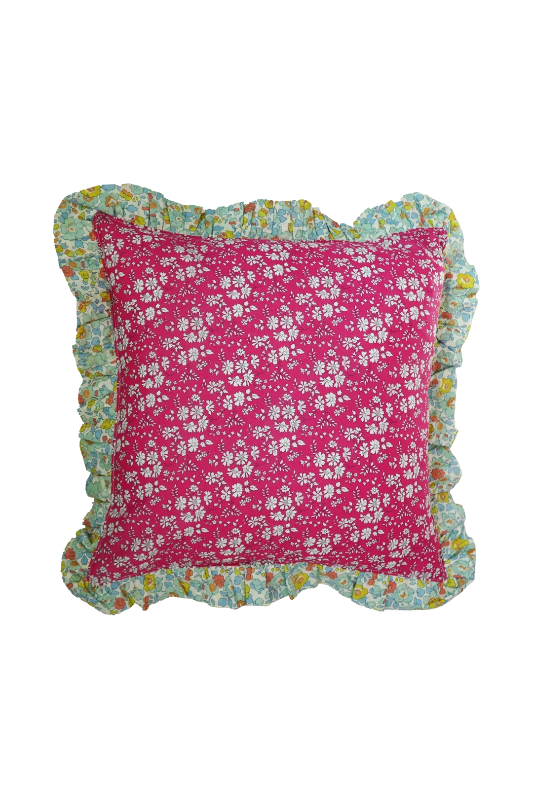 Ruffle Cushion made with Liberty Fabric CAPEL FUCHSIA & BETSY SAGE