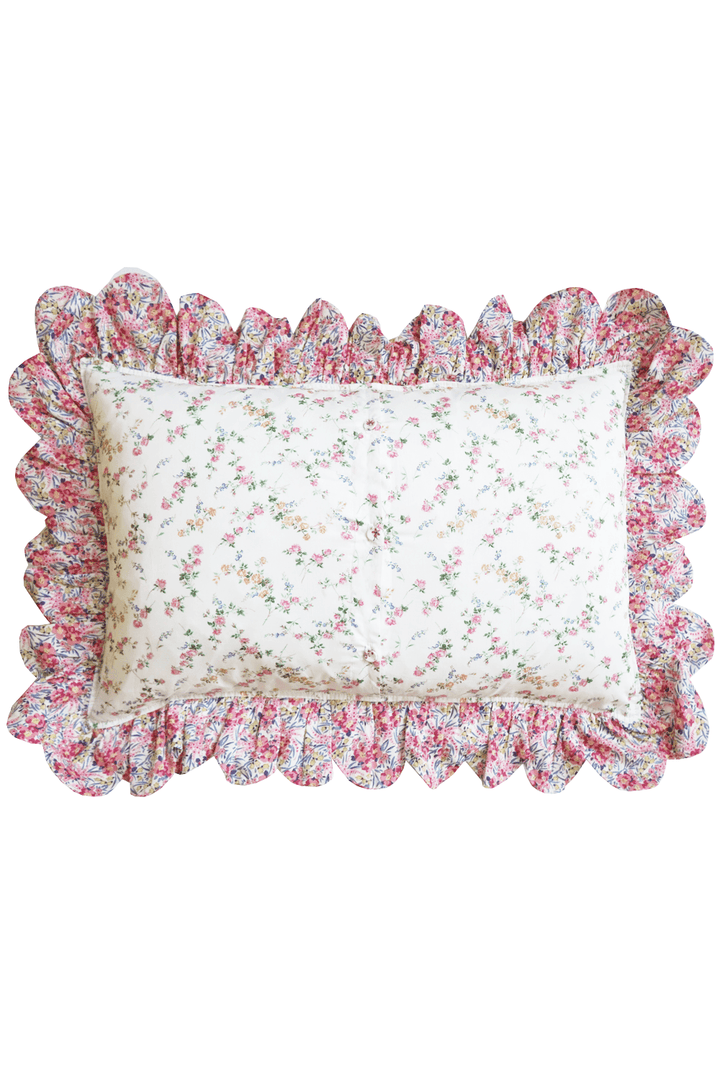 Oblong Scallop Ruffle Cushion made with Liberty Fabric ELIZABETH & SWIRLING PETALS