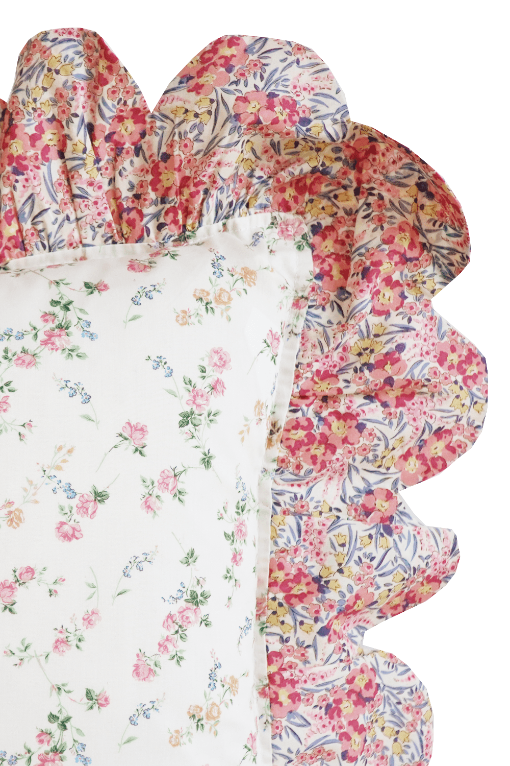 Oblong Scallop Ruffle Cushion made with Liberty Fabric ELIZABETH & SWIRLING PETALS