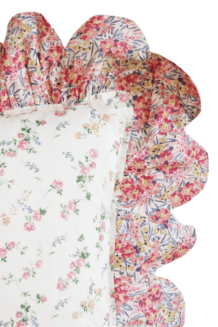 Oblong Scallop Ruffle Cushion made with Liberty Fabric ELIZABETH & SWIRLING PETALS