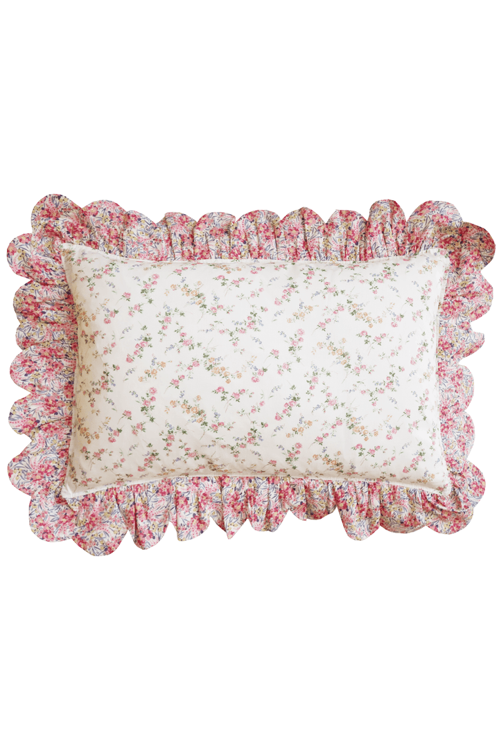 Oblong Scallop Ruffle Cushion made with Liberty Fabric ELIZABETH & SWIRLING PETALS